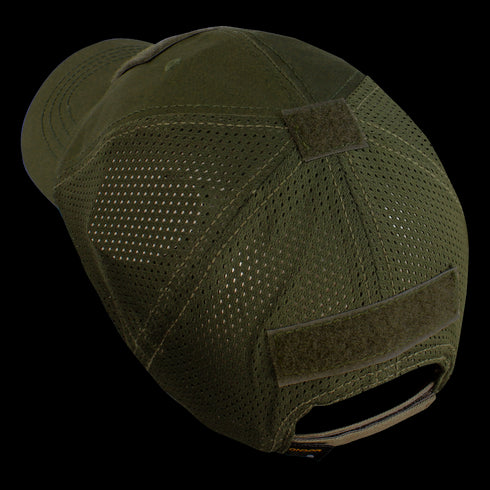 The Condor Tactical Mesh Cap - Kryptek Mandrake is an olive green baseball hat featuring mesh back panels, two rectangular velcro patches, and an adjustable strap.